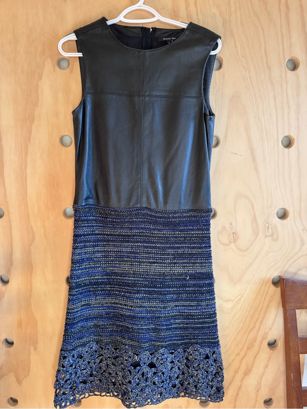 RACHEL Rachel Roy Black Faux Leather Bodice Navy Knit Crochet Hem Dress